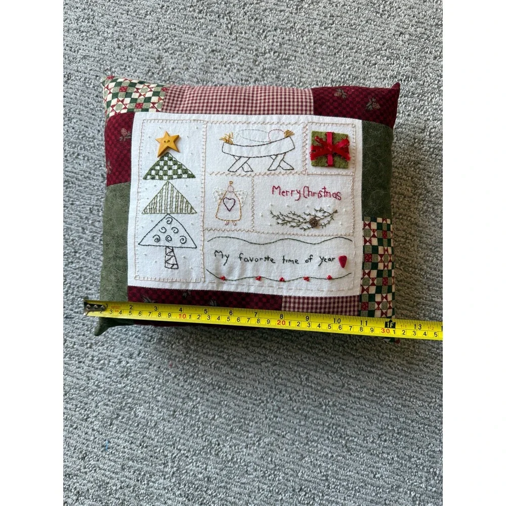 Handmade Christmas Patchwork Throw Pillow Primitive Embroidered Holiday Decor